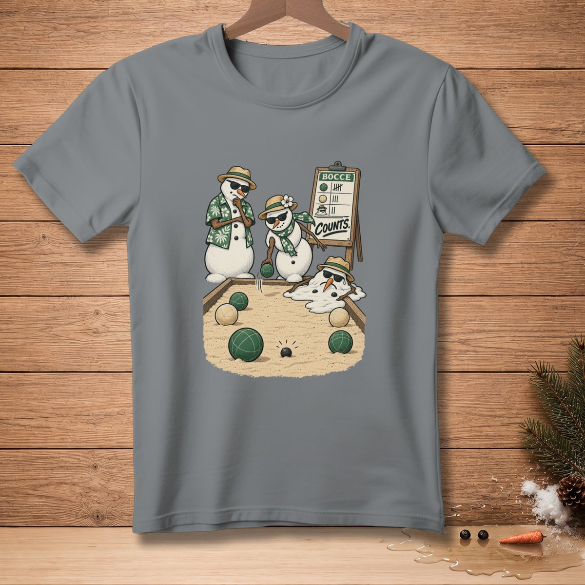 Snowmen play bocce ball with a scoreboard that reads "Bocce Counts."