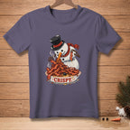 Snowman eating a pile of bacon with "CRISPY" text on a purple t-shirt.