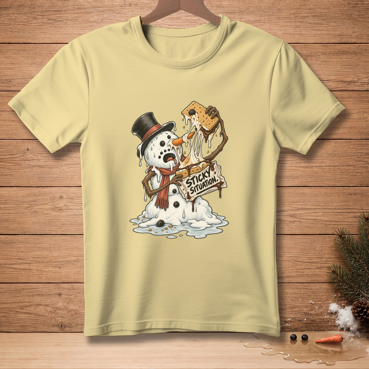Melting snowman in a hat and scarf holding s'mores, text "Sticky Situation".