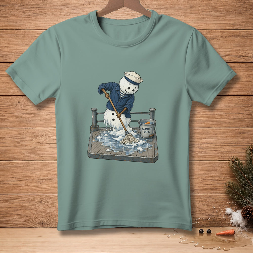 Melting snowman in sailor outfit mopping a deck, with bucket labeled "ALMOST DRY".
