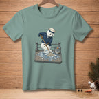 Melting snowman in sailor outfit mopping a deck, with bucket labeled "ALMOST DRY".