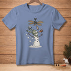 T-shirt featuring a melting snowman under a ceiling fan with a bucket and "AHHH" tag.