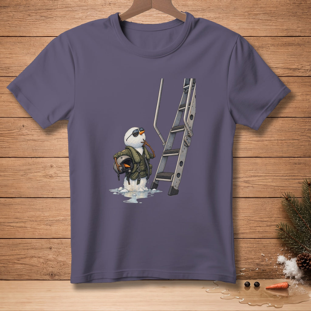Snowman in flight suit holding helmet next to a ladder with melting puddles.