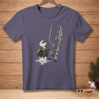 Snowman in flight suit holding helmet next to a ladder with melting puddles.