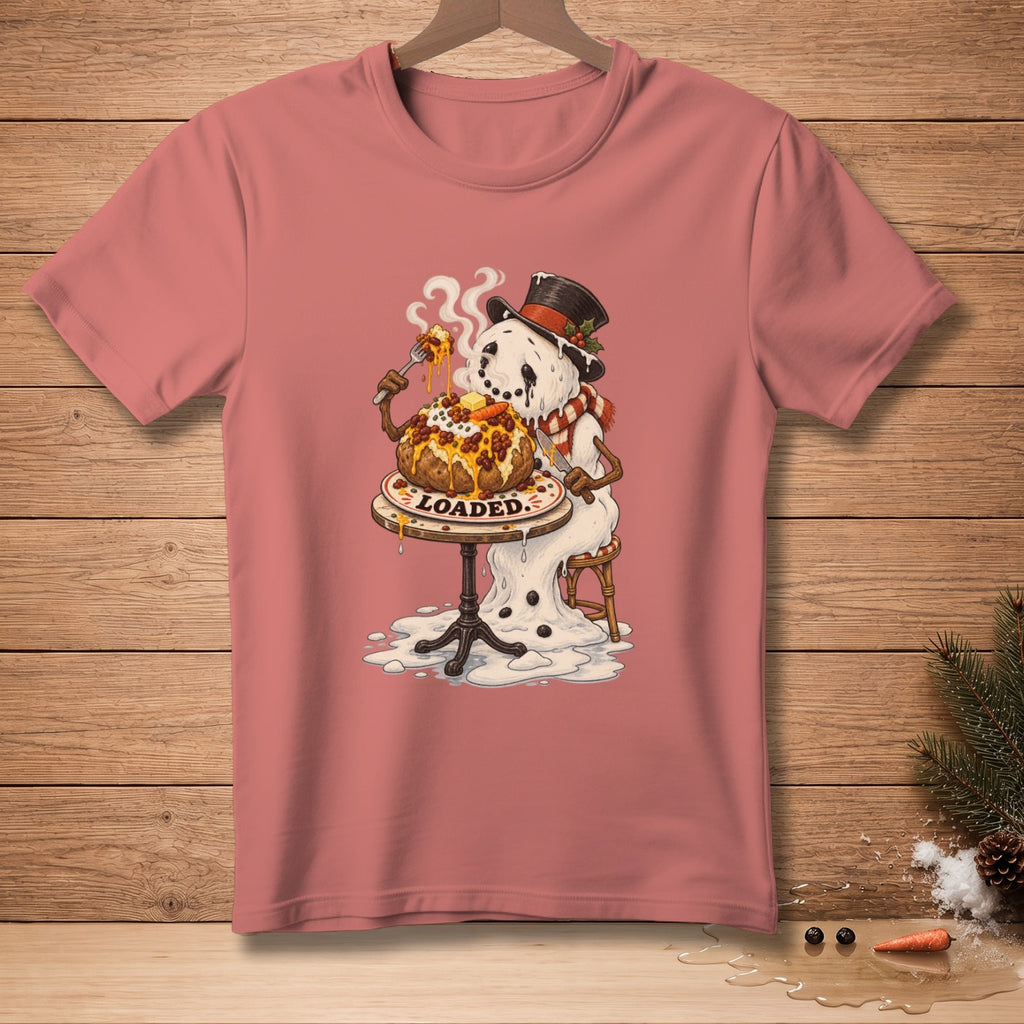 Snowman in a hat and scarf eating a loaded baked potato with the word "LOADED."