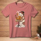 Snowman in a hat and scarf eating a loaded baked potato with the word "LOADED."