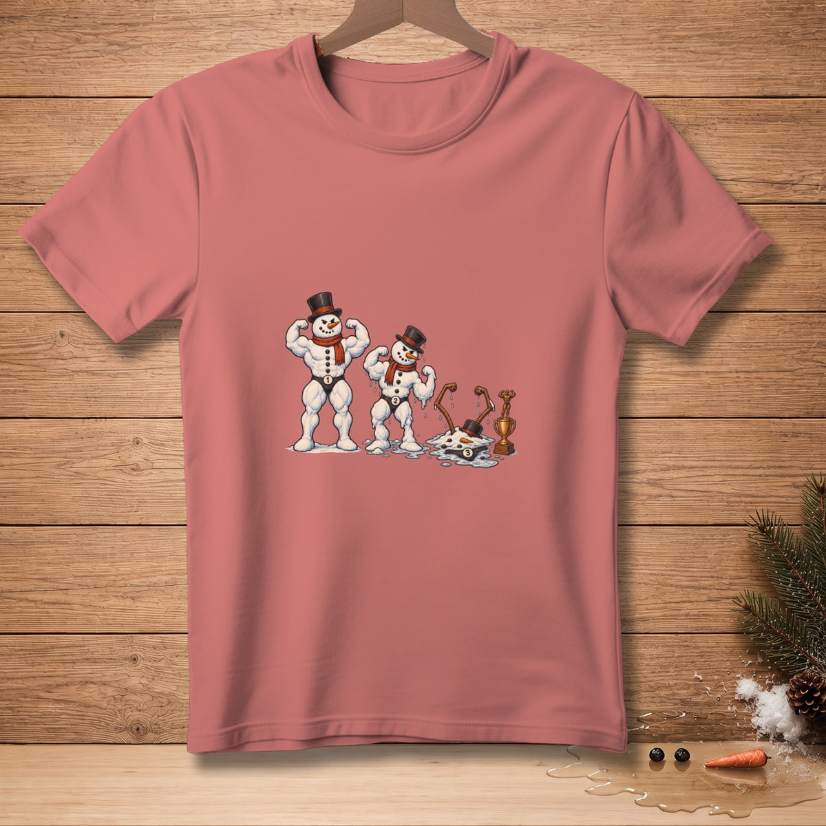 Muscular snowmen flexing, one melting into a puddle with a trophy.