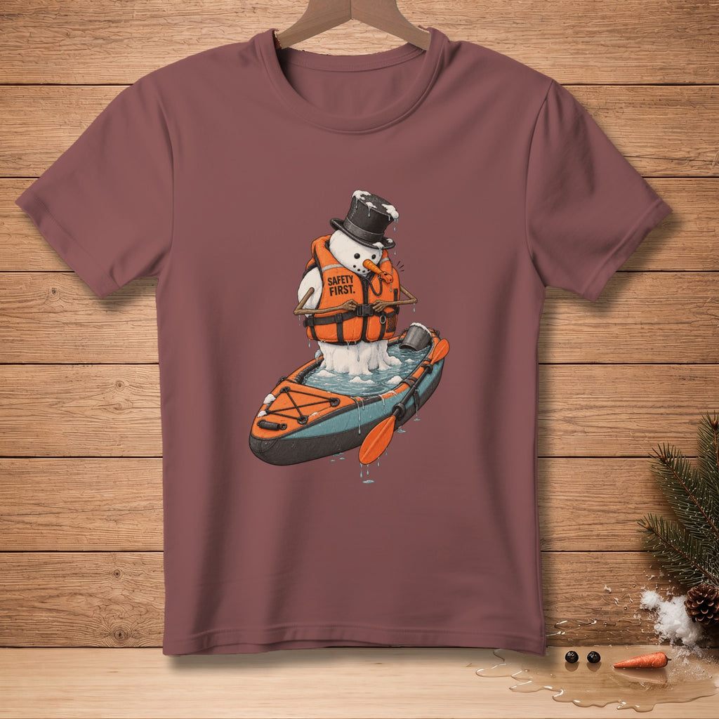 Snowman in life vest and top hat kayaking with text "SAFETY FIRST."