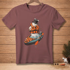 Snowman in life vest and top hat kayaking with text "SAFETY FIRST."