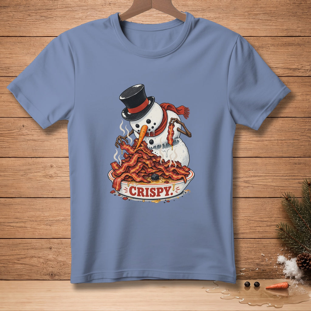 Snowman wearing a top hat and scarf eating a bowl of crispy bacon.