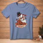 Snowman wearing a top hat and scarf eating a bowl of crispy bacon.