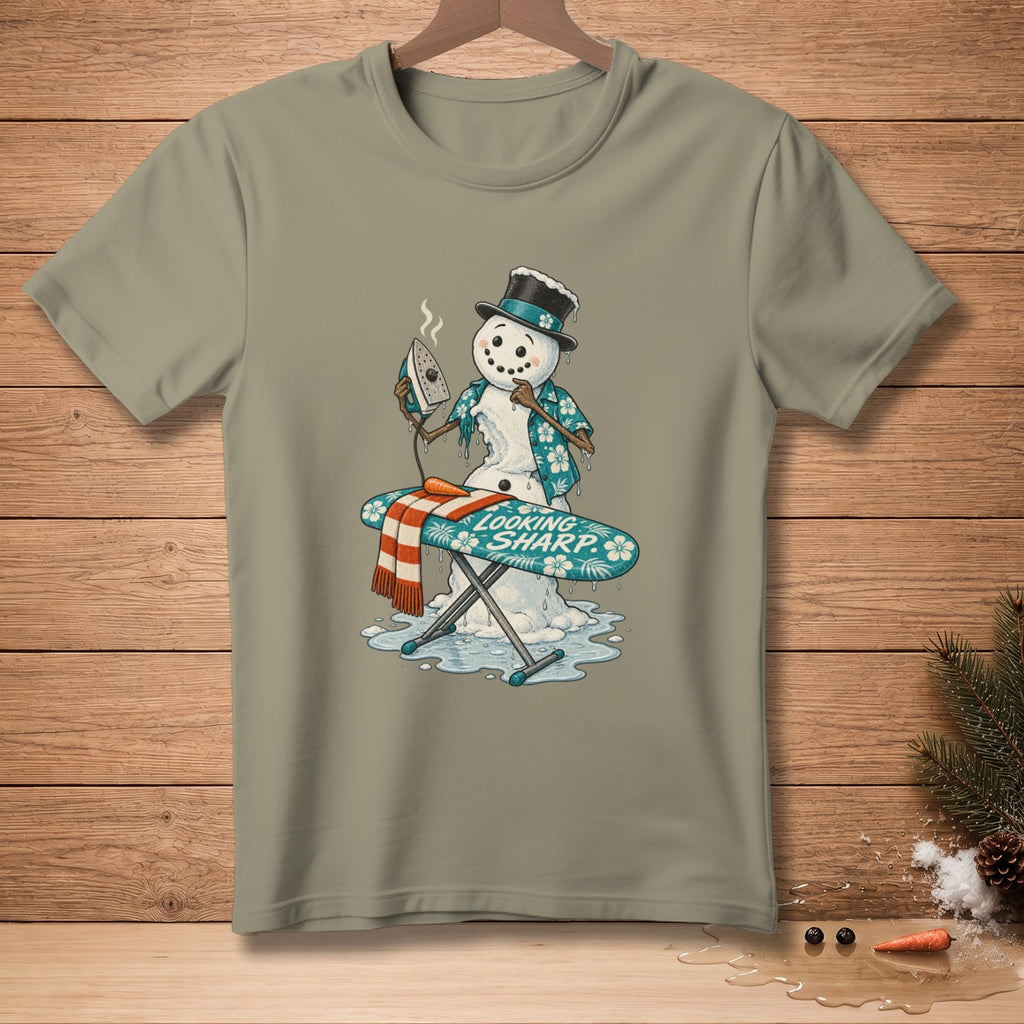 Snowman ironing a shirt on an ironing board with text "LOOKING SHARP".