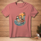 Two snowmen in a boat row towards a tropical island at sunset.