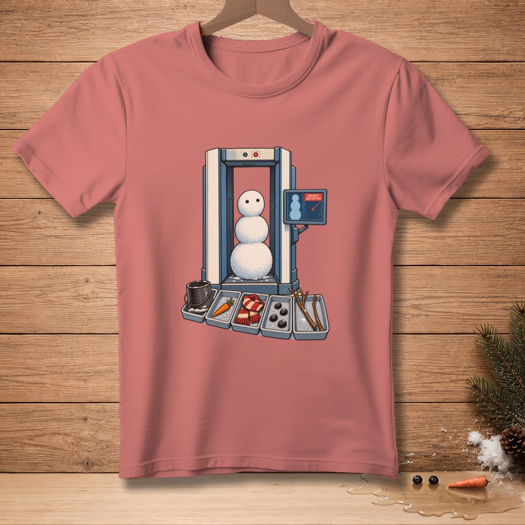 Snowman going through security scanner with accessories like carrot, scarf, and buttons.