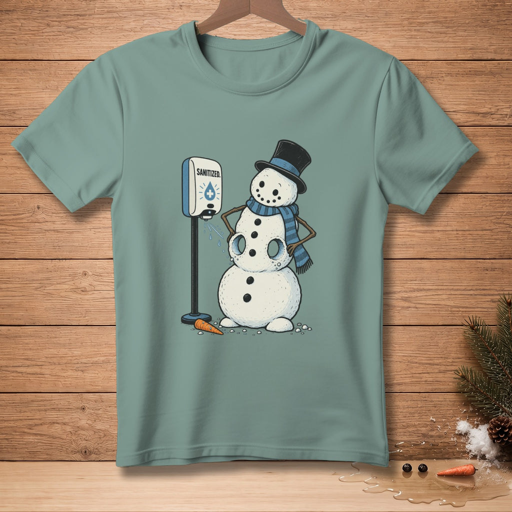 Snowman with a hat and scarf uses hand sanitizer dispenser; "SANITIZED." text.