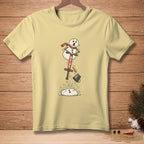 Cartoon snowman with red scarf jumping on pogo stick with "BOING" text.