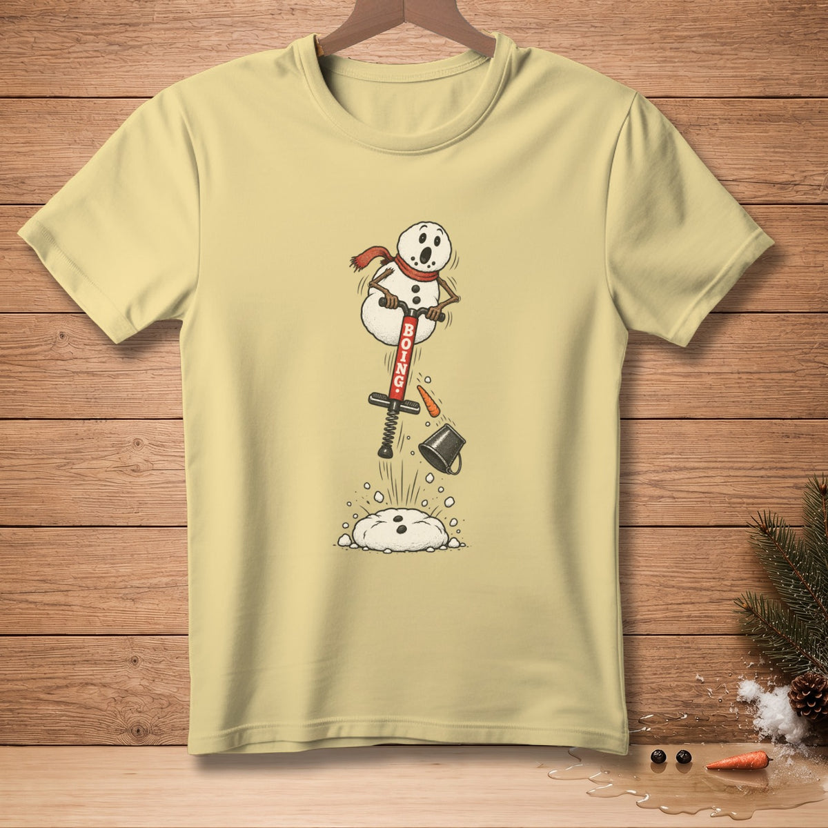 Cartoon snowman with red scarf jumping on pogo stick with "BOING" text.
