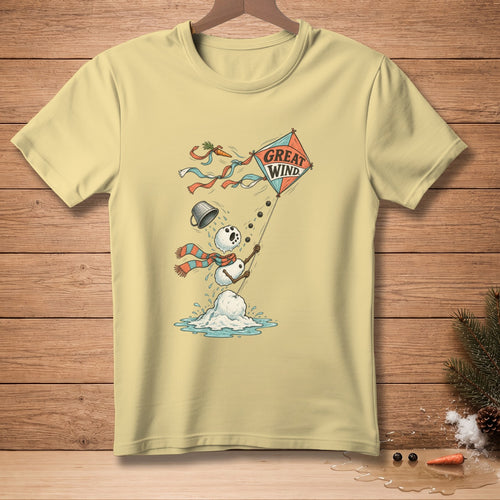 Light yellow t-shirt with melting snowman flying a kite that says "Great Wind."