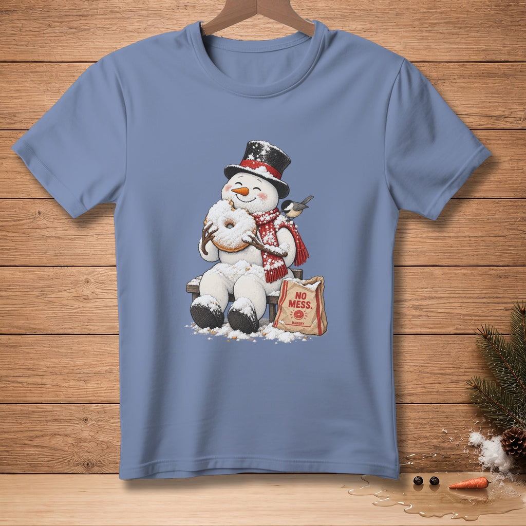 Snowman in top hat eating donut with bird and "No Mess Bakery" bag.