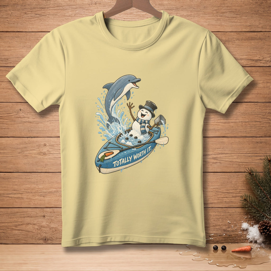 Snowman in a kayak with a dolphin, text "TOTALLY WORTH IT."