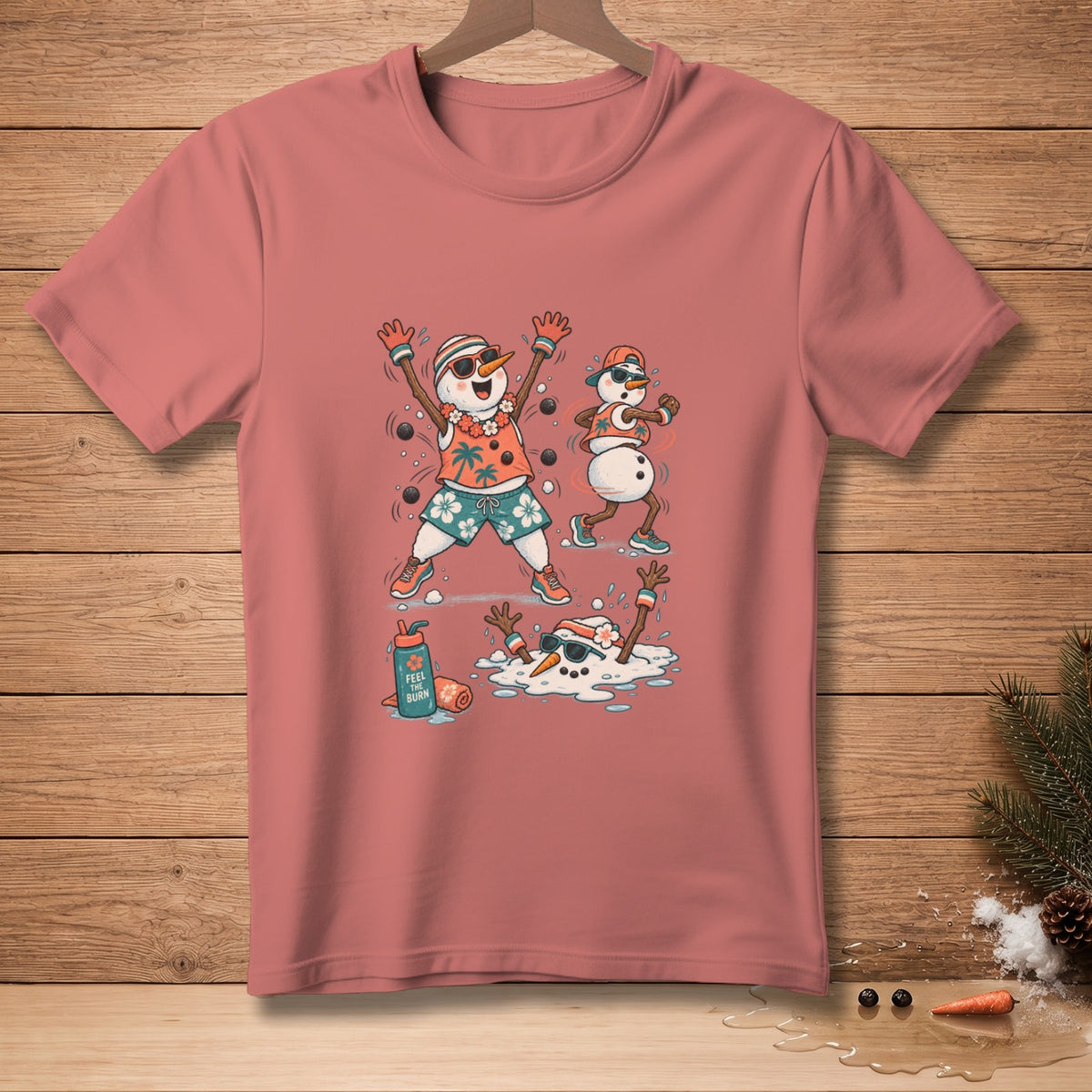 T-shirt graphic with melting snowmen in summer attire, one with sunscreen.