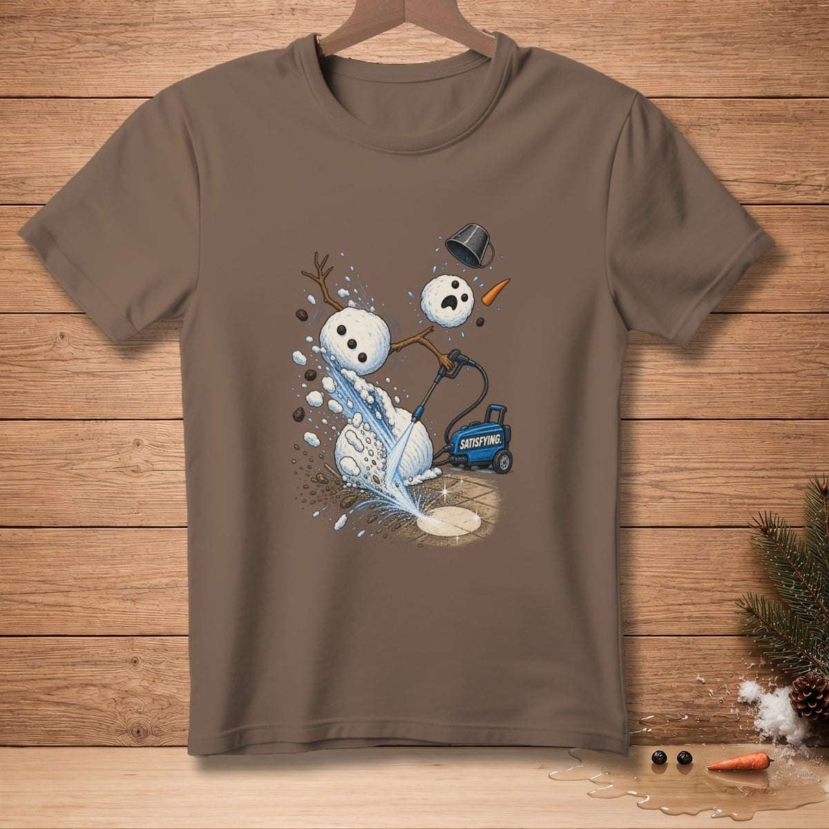 Brown t-shirt with a graphic of a snowman melting from a pressure washer labeled "SATISFYING".