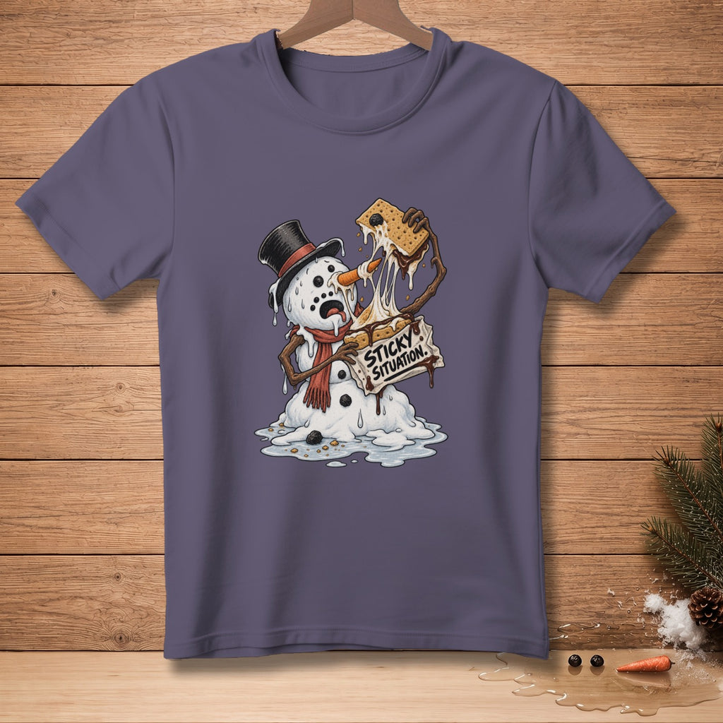 Melting snowman in a top hat with a s'more and text "STICKY SITUATION."