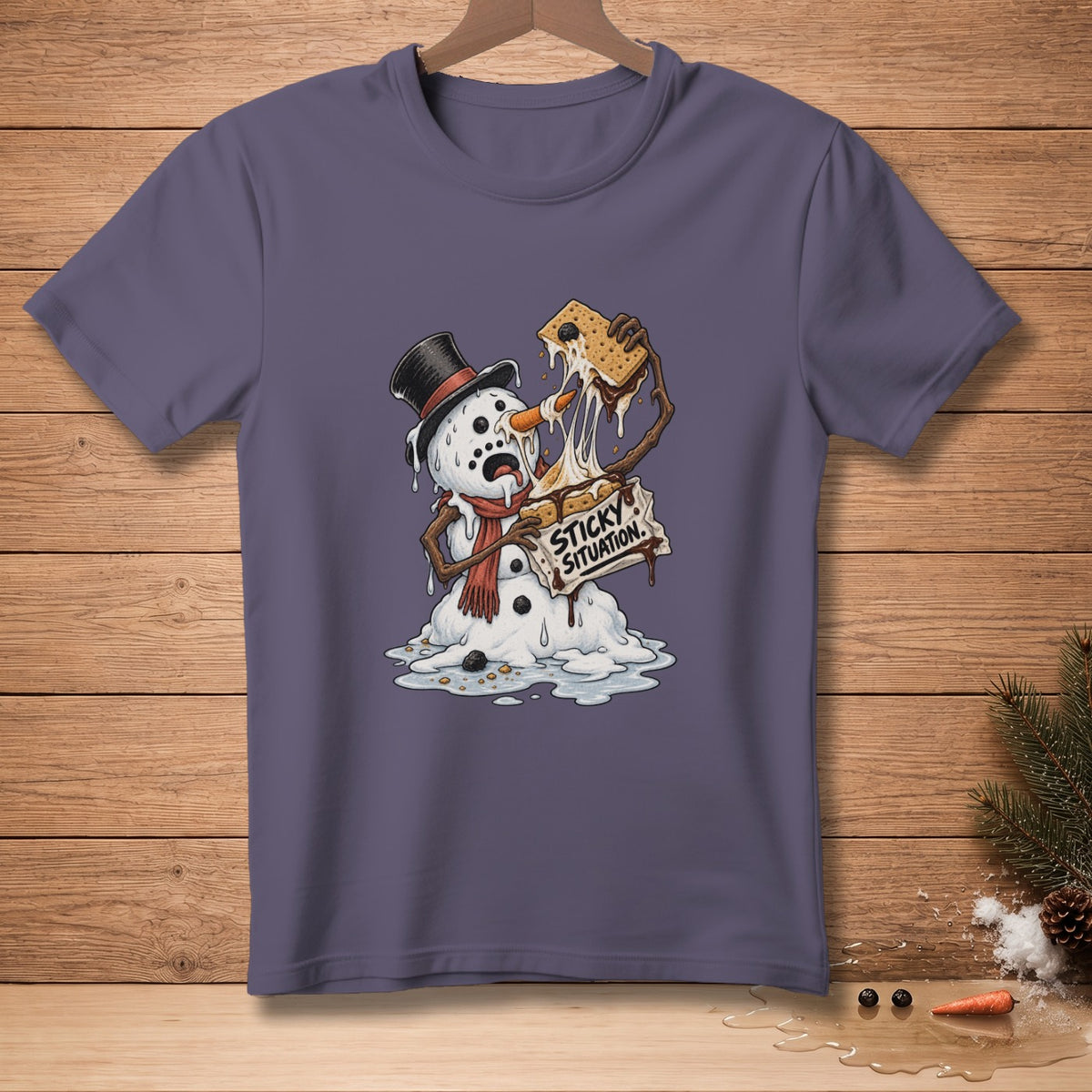 Melting snowman in a top hat with a s'more and text "STICKY SITUATION."