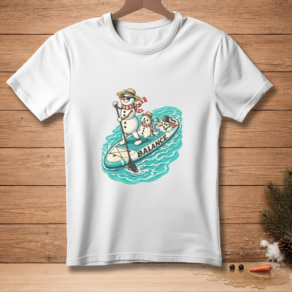 Snowmen on a paddleboard with text "BALANCE" printed on the board.