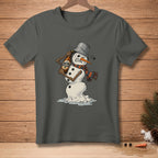 Melting snowman with a bucket on its head holding a beer bottle.