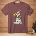 T-shirt with a melting snowman wearing a Hawaiian shirt and holding a cocktail.