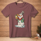 T-shirt with a melting snowman wearing a Hawaiian shirt and holding a cocktail.