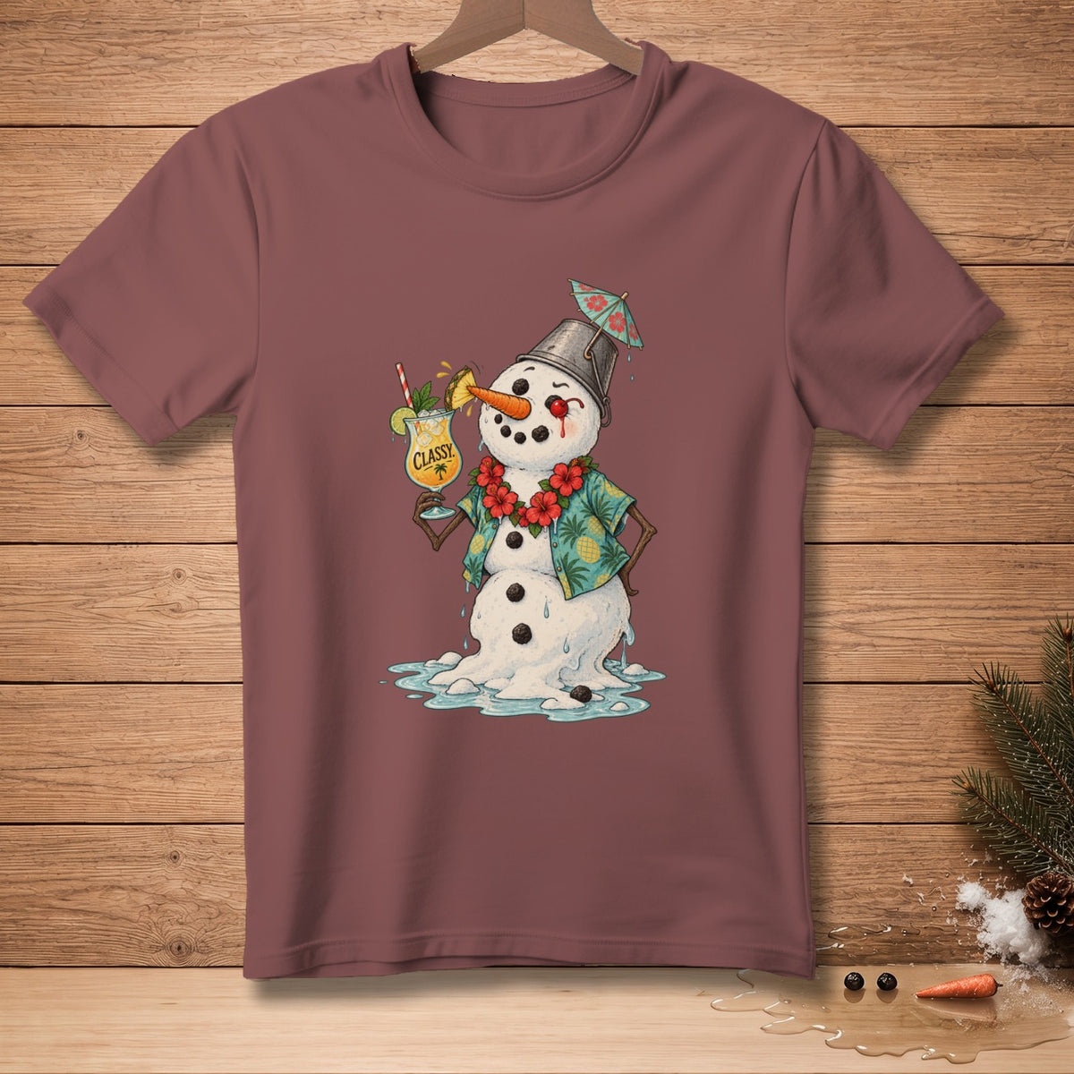 T-shirt with a melting snowman wearing a Hawaiian shirt and holding a cocktail.