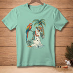 Melting snowman with parrot, palm tree, and sign that reads "TOTALLY NATURAL".