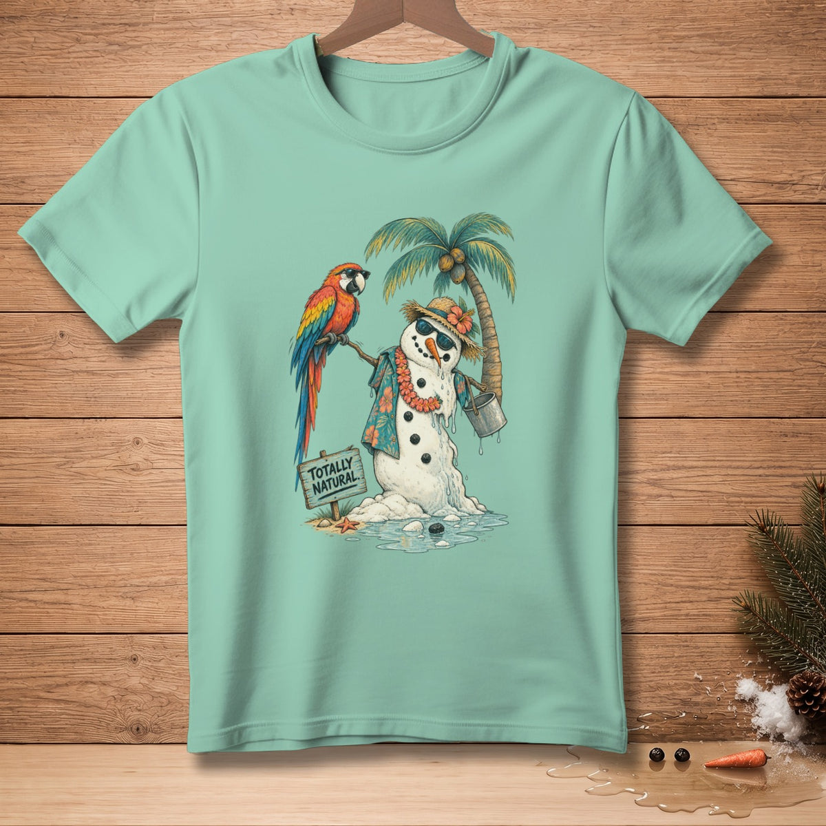Melting snowman with parrot, palm tree, and sign that reads "TOTALLY NATURAL".