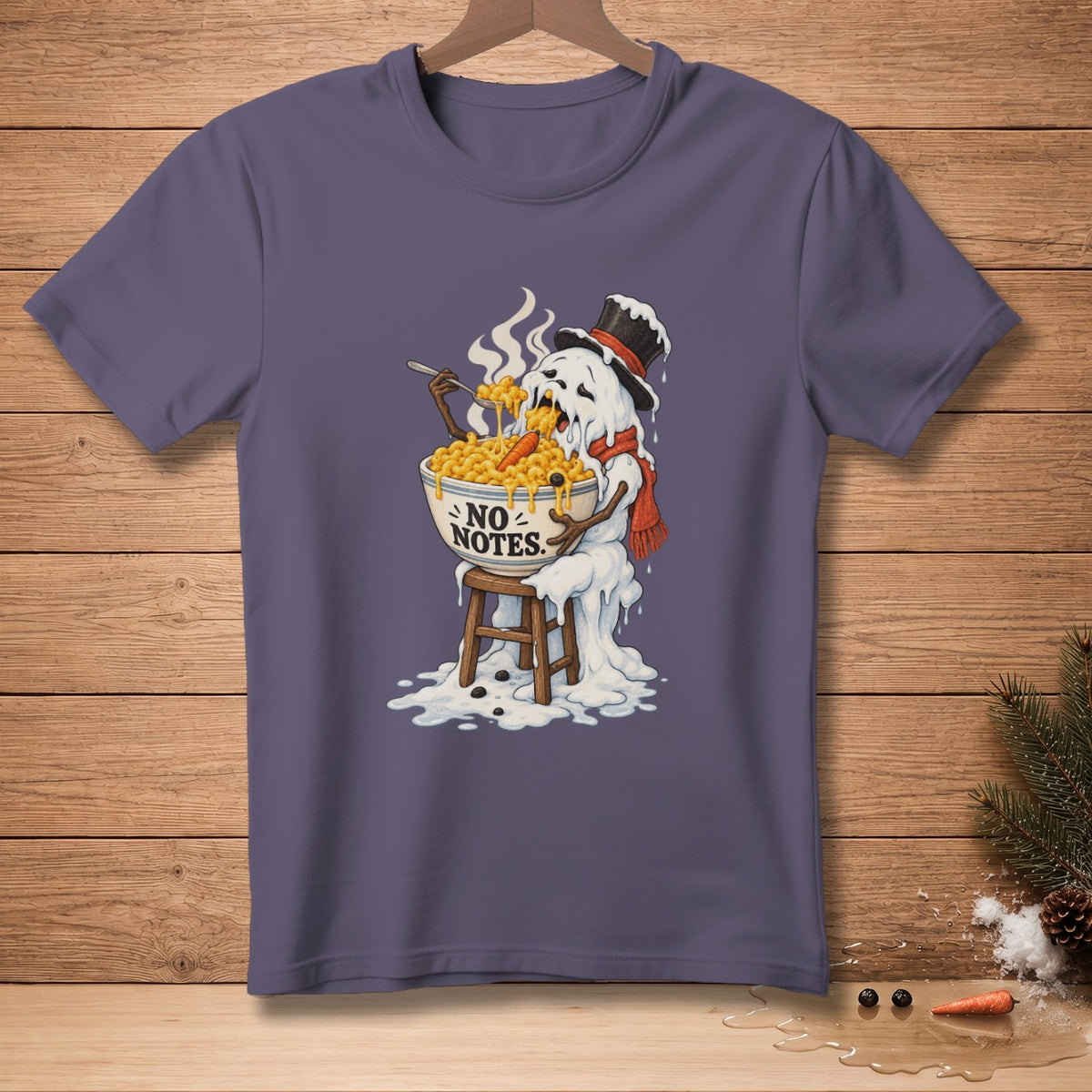Melting snowman eating mac and cheese from bowl that says "NO NOTES."