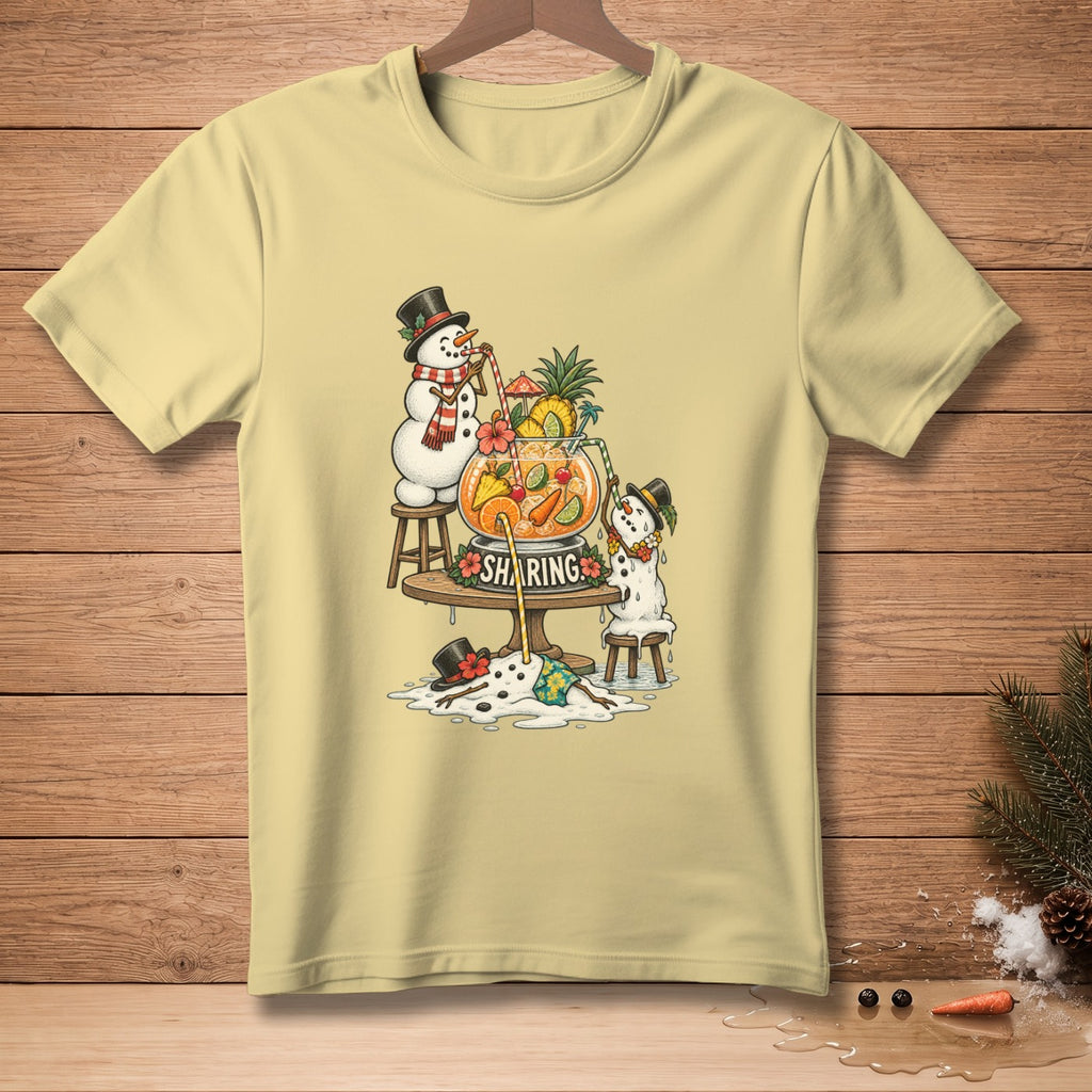 Snowmen share a tropical punch bowl with "Sharing" text on a light yellow t-shirt.