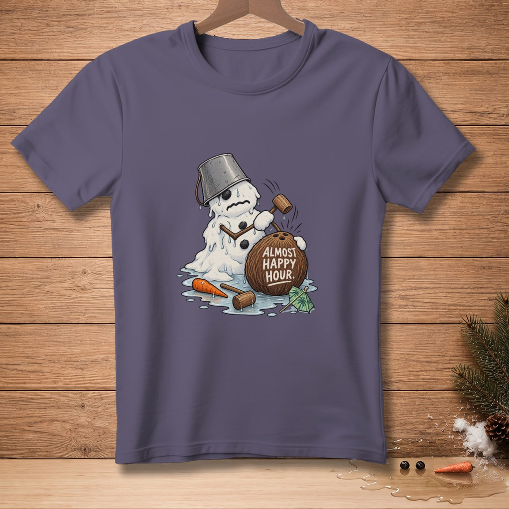 Melting snowman with a bucket on its head and a coconut labeled "ALMOST HAPPY HOUR."