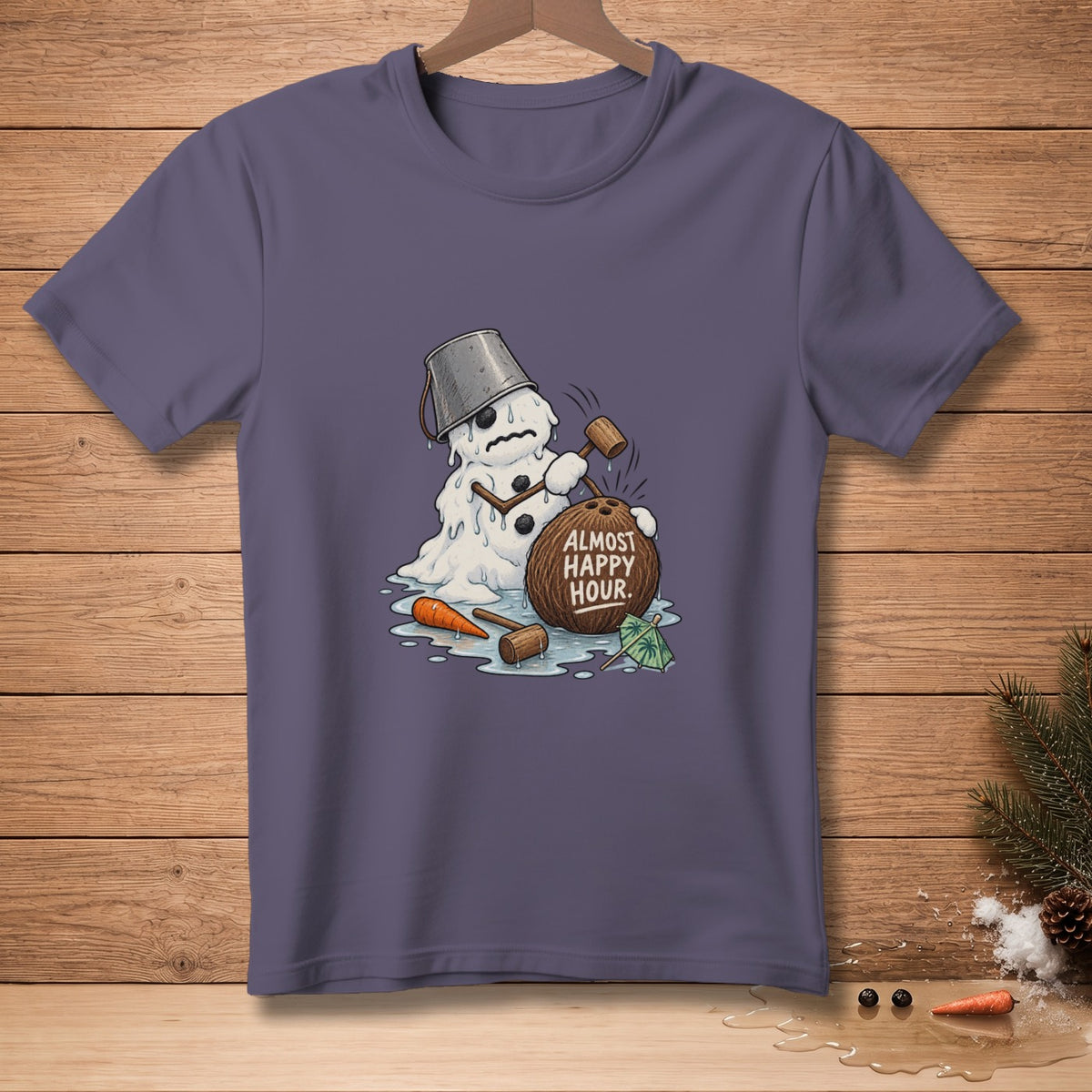 Melting snowman with a bucket on its head and a coconut labeled "ALMOST HAPPY HOUR."