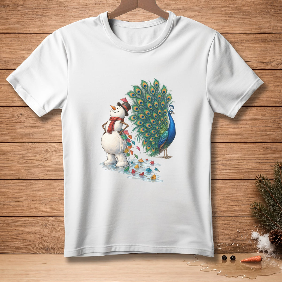 Snowman wearing a hat and scarf with a peacock and colorful umbrellas.