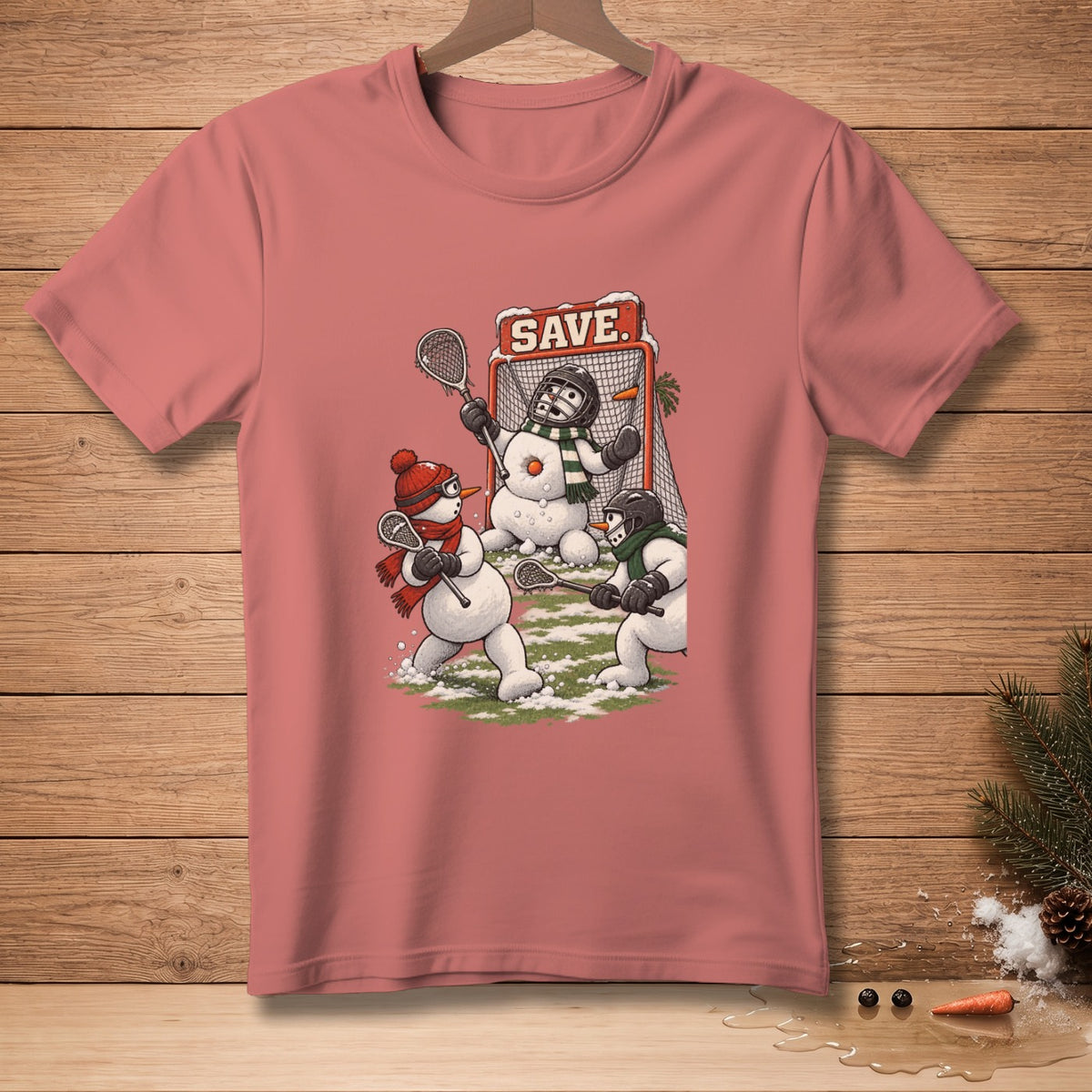 Three snowmen playing lacrosse in front of a net with "SAVE." text.