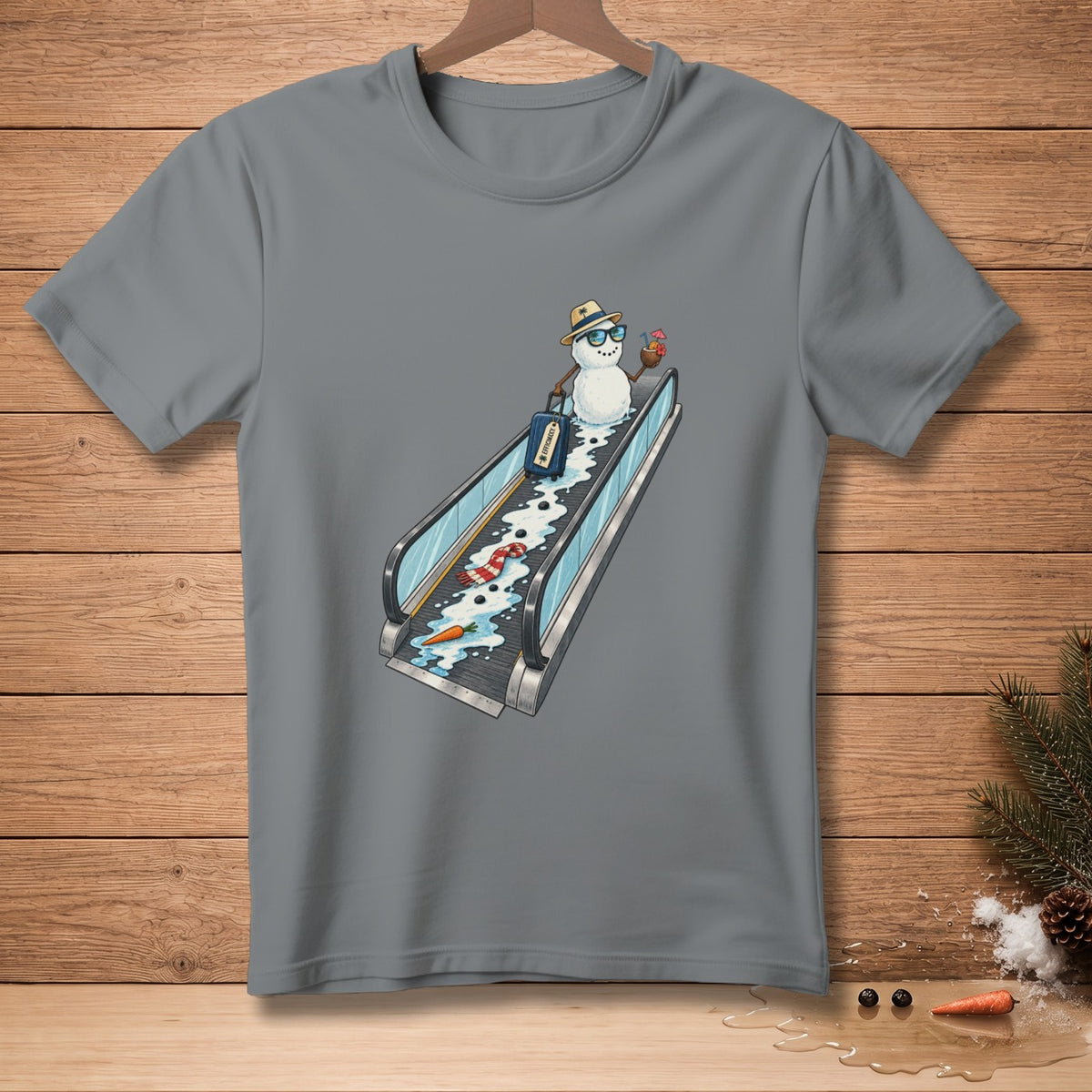 Snowman with suitcase and drink on an escalator with melting snow and carrot.