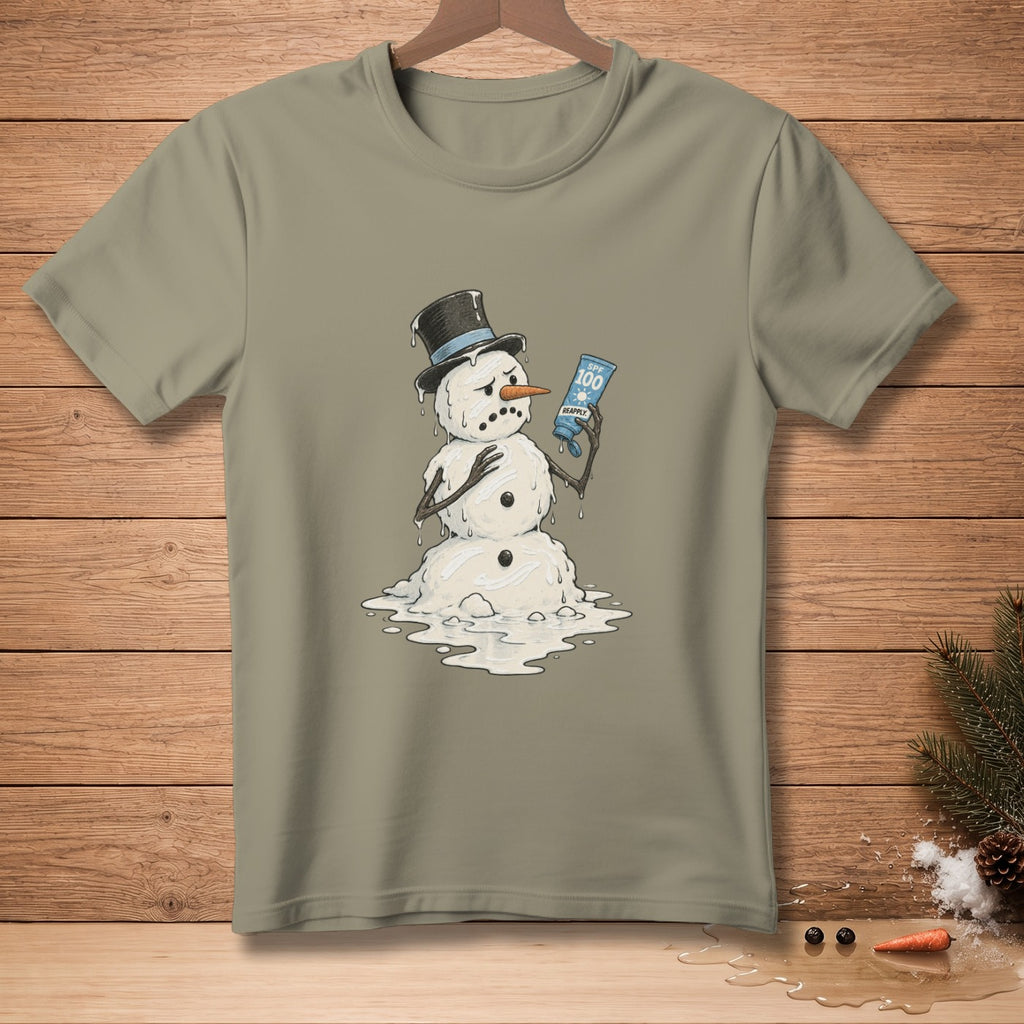 Melting snowman in a top hat holds SPF 100 sunscreen bottle.