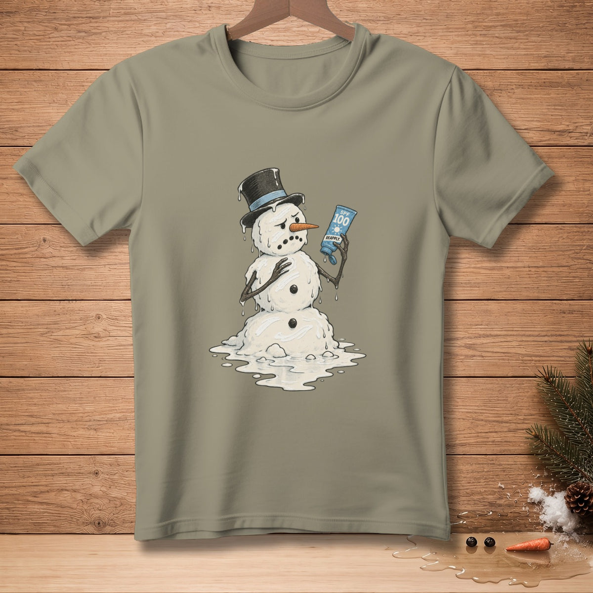 Melting snowman in a top hat holds SPF 100 sunscreen bottle.
