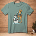 Melting snowman and camel with hydration packs on teal t-shirt.