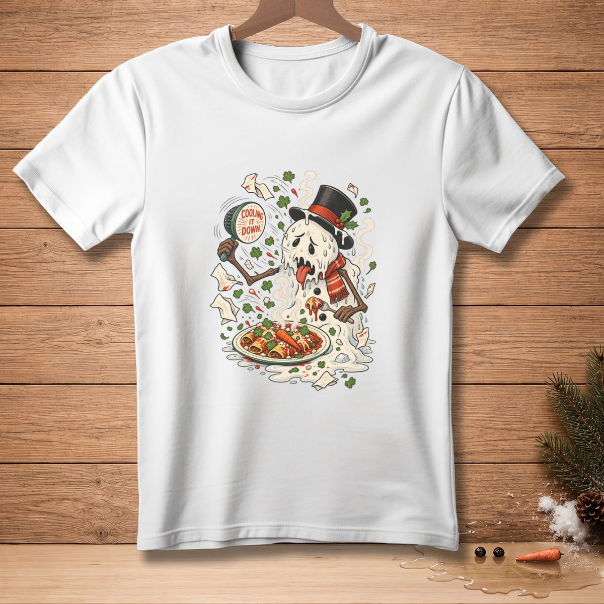 Melting snowman with top hat and scarf eating enchiladas from a plate.