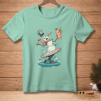 T-shirt with a distressed snowman surfing and holding a drink that says "Save the Drink".