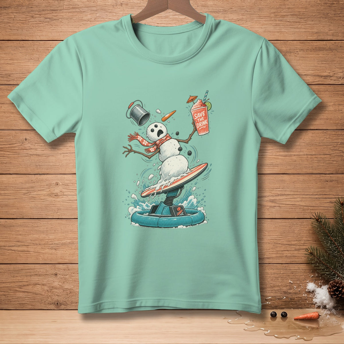 T-shirt with a distressed snowman surfing and holding a drink that says "Save the Drink".