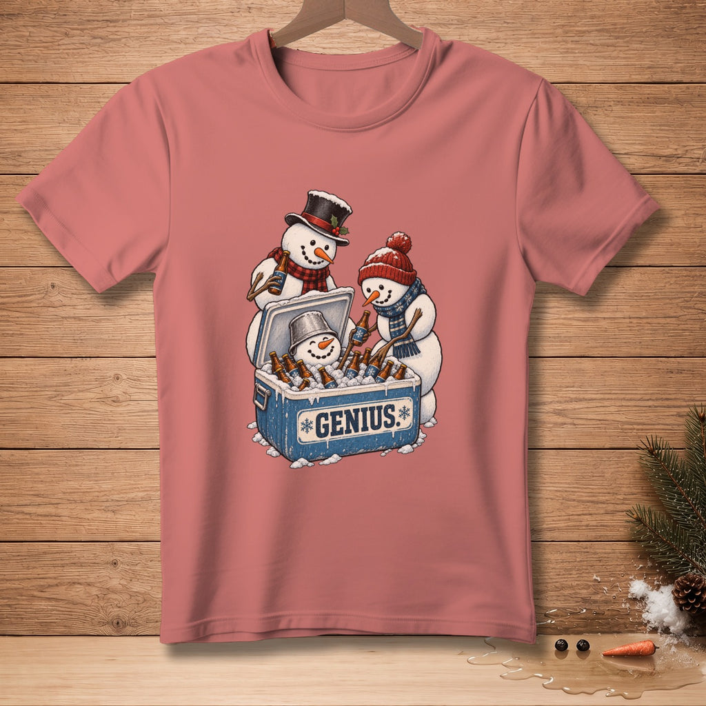 Three snowmen with hats and scarves surrounding a cooler filled with bottles labeled "GENIUS".