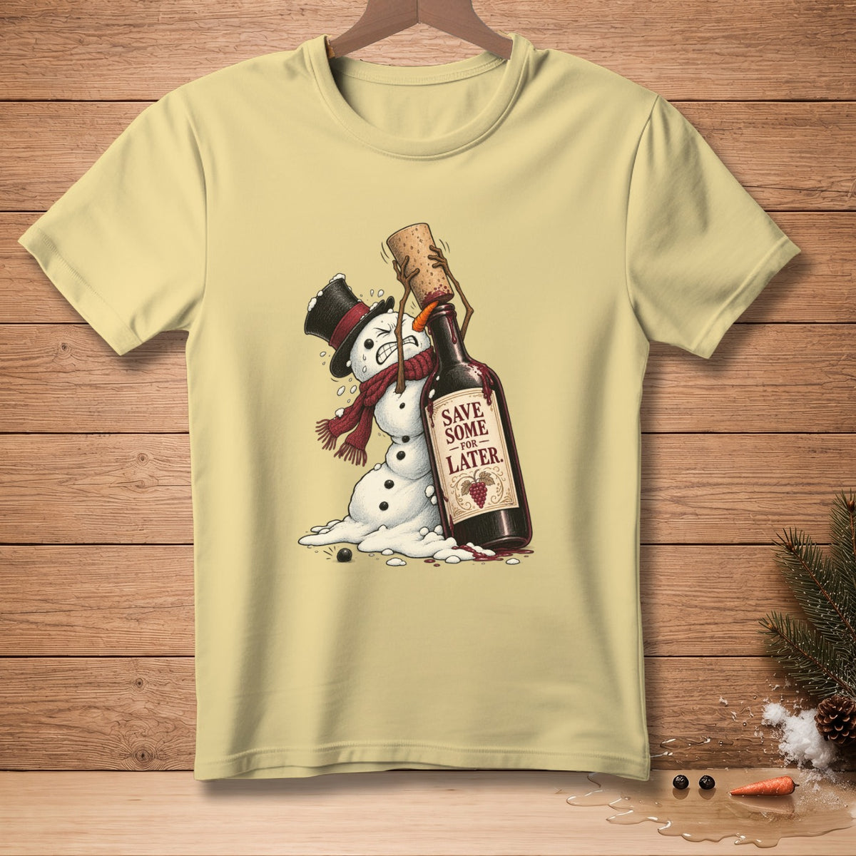 Melting snowman with wine bottle, text "SAVE SOME FOR LATER."